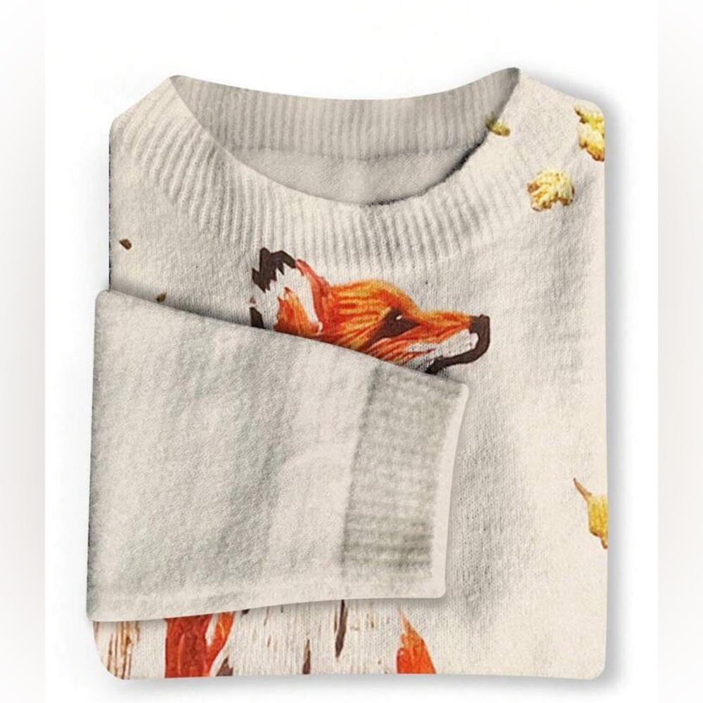 Fox Pattern Loose Pullover Sweater With Faux Embroidery Design - Picture 5 of 5